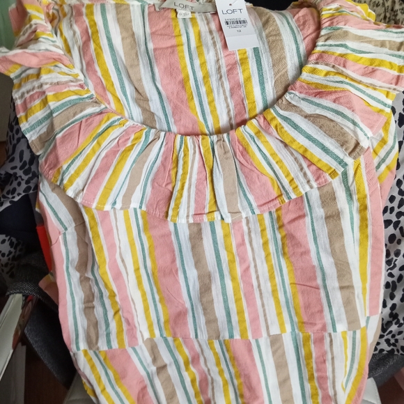 Loft Striped Ruffle Scoop Neck Tie Waist Midi Dress sz 12 NWT B3 - Picture 4 of 5